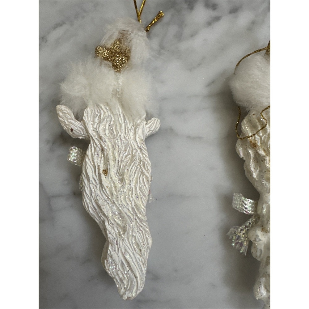 White Glitter Santa Claus Icicle Ornaments Gold Accents Faux Fur Trim Set of 2 - Picture 7 of 8